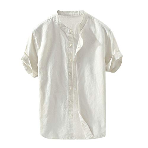 Yowablo Bluse Herren Baggy Baumwolle Leinen Solide Kurzarm Knopf Retro T Shirts Tops (XL,Beige) von Yowablo
