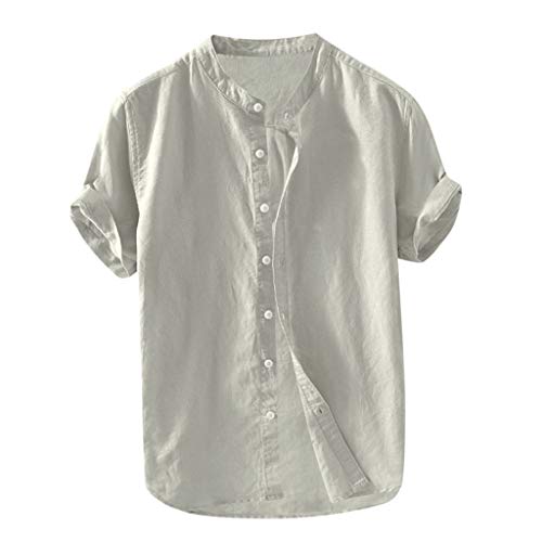 Yowablo Bluse Herren Baggy Baumwolle Leinen Solide Kurzarm Knopf Retro T Shirts Tops (XXL,Grau) von Yowablo