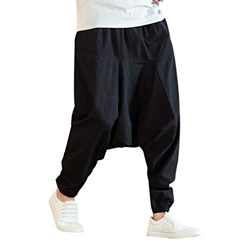 Yowablo Haremshose Herren Baumwolle Freizeitmode Lose Reine Farbe Hip Hop Stil Baumwolle und Leinen Länge Hose (XL,Schwarz) von Yowablo