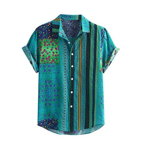 Yowablo Hawaii-Shirt für Herren Vintage Hemd Männer Bunte Streifen Sommer Kurzarm lose Knöpfe lässige Bluse (3XL,Grün) von Yowablo