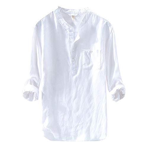 Yowablo Hemd Männer lässig Langarm Top Button Baumwolle Leinen einfarbig lose Bluse (3XL,Weiß) von Yowablo