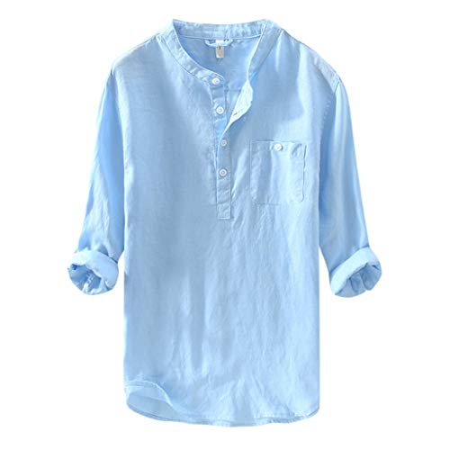 Yowablo Hemd Männer lässig Langarm Top Button Baumwolle Leinen einfarbig lose Bluse (4XL,Blau) von Yowablo