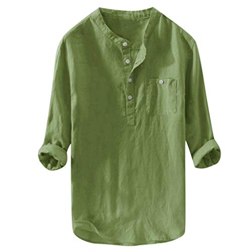 Yowablo Hemd Männer lässig Langarm Top Button Baumwolle Leinen einfarbig lose Bluse (4XL,Grün) von Yowablo