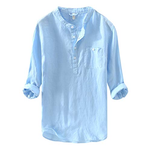 Yowablo Hemd Männer lässig Langarm Top Button Baumwolle Leinen einfarbig lose Bluse (XL,Blau) von Yowablo