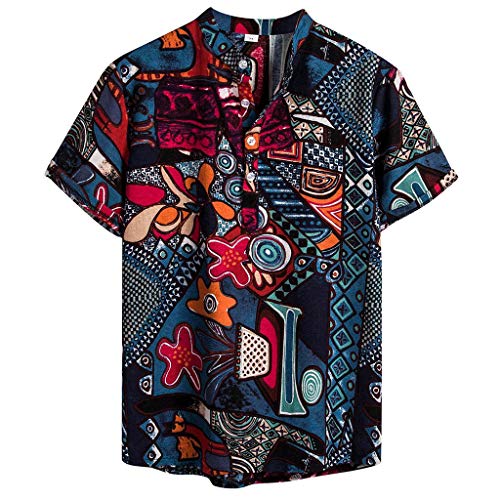 Yowablo Hemdbluse Mens Ethnic Short Sleeve Lässige Baumwolle Leinen Druck Hawaiian (XL,4Blau) von Yowablo