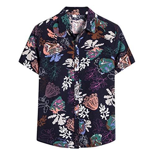 Yowablo Herren-Hemd, Kurzarm, reguläre Passform, Bedruckt, aus Leinen Bluse T-Shirt Ethnische Kurzarm Casual Printing Hawaiihemd (5XL,1Schwarz) von Yowablo