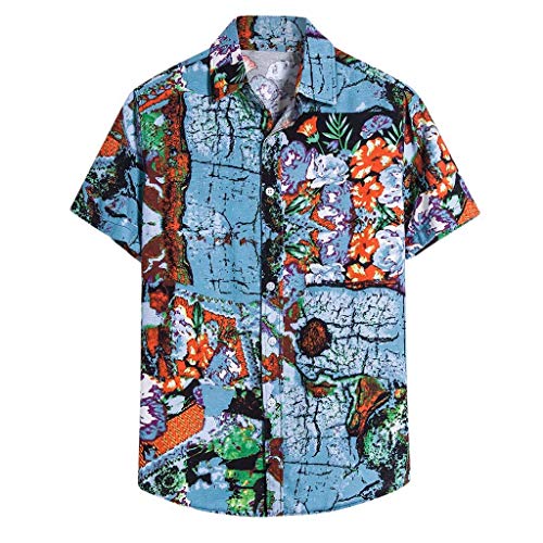 Yowablo Herren Kurzarm Shirt Einfarbig Freizeithemd Casual Hemden Leichte Atmungsaktives Bequem Leinen Sommerhemden Loose Fit (3XL,9Blau) von Yowablo