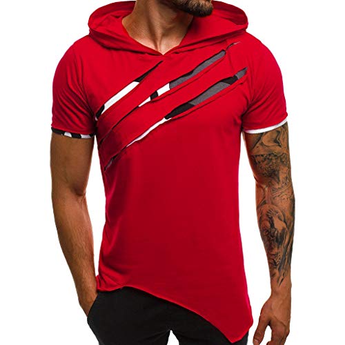 Yowablo Kapuzen T Shirt Herren Sommer Casual Patchwork Slim Kurzarm Top Bluse (L,Rot) von Yowablo