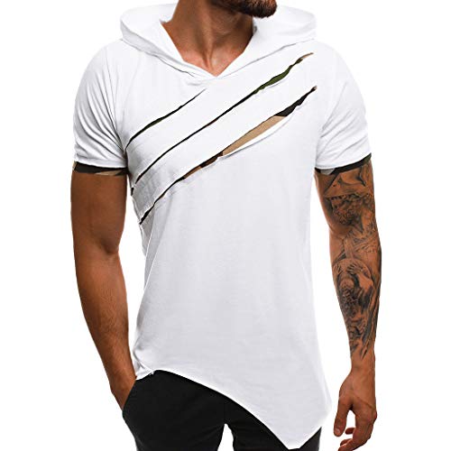 Yowablo Kapuzen T Shirt Herren Sommer Casual Patchwork Slim Kurzarm Top Bluse (L,Weiß) von Yowablo
