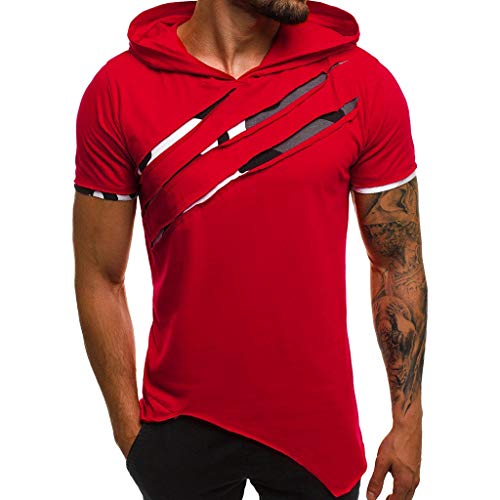 Yowablo Kapuzen T Shirt Herren Sommer Casual Patchwork Slim Kurzarm Top Bluse (XL,Rot) von Yowablo
