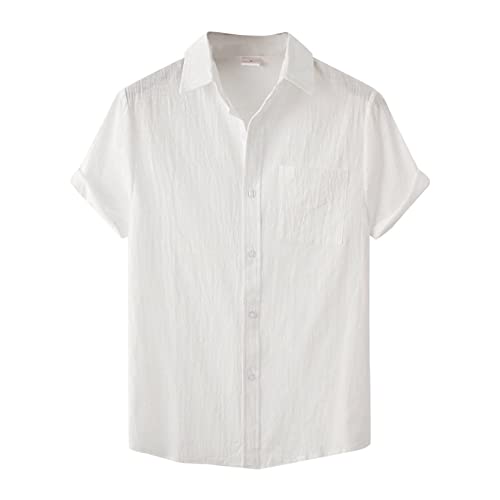Yowablo Kurzarm-Hemden Hawaii Herren-Hemd Slim-Fit Summer Loose Cotton Blend Solid Button Gefälschte Tasche Kurzarm Shirt Tops (L,Weiß) von Yowablo