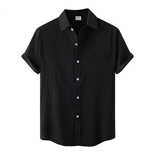 Yowablo Kurzarm-Hemden Hawaii Herren-Hemd Slim-Fit Summer Loose Cotton Blend Solid Button Gefälschte Tasche Kurzarm Shirt Tops (XXL,Schwarz) von Yowablo