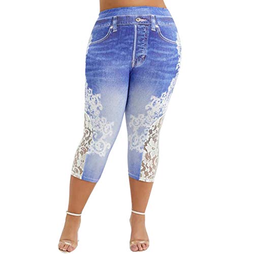 Yowablo Leggings Frauen Plus Size Lace Printing Splice Mode elastische Taille Freizeithosen (XXL,3Dunkelblau) von Yowablo