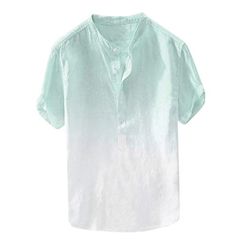 Yowablo Leinenhemd Slim-Fit Kurzarm Herren Sommer cool und dünn atmungsaktiv Kragen hängen gefärbte Farbverlauf Baumwolle Shirt (5XL,1Blau) von Yowablo