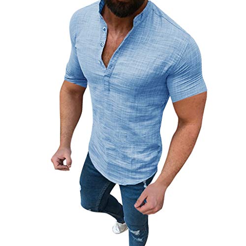 Yowablo Shirt Männer Casual Bluse Baumwolle Leinen T-Shirt Lose Tops Kurzarm T-Shirt (5XL,Blau) von Yowablo