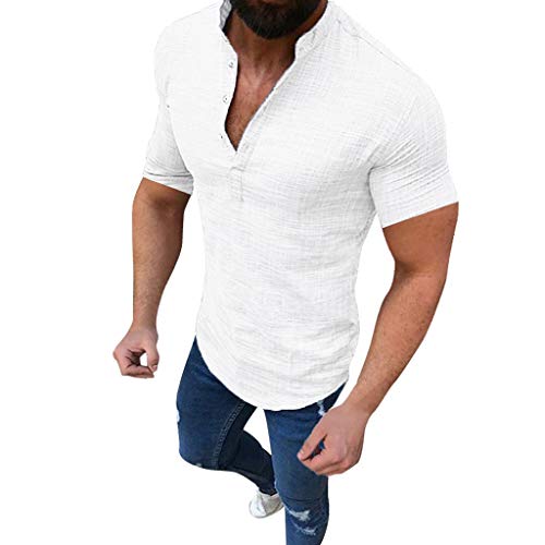 Yowablo Shirt Männer Casual Bluse Baumwolle Leinen T-Shirt Lose Tops Kurzarm T-Shirt (5XL,Weiß) von Yowablo