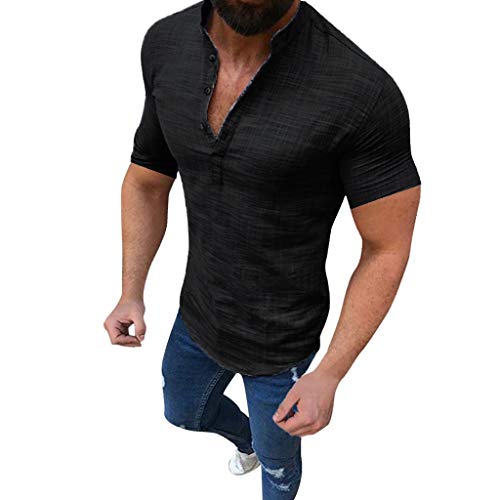 Yowablo Shirt Männer Casual Bluse Baumwolle Leinen T-Shirt Lose Tops Kurzarm T-Shirt (XL,Schwarz) von Yowablo