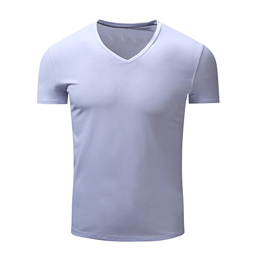 Yowablo T-Shirt Herren Block Lässige Kleidung Knopf V-Ausschnitt Pullover Kurzarm Top Bluse (XL,Weiß) von Yowablo