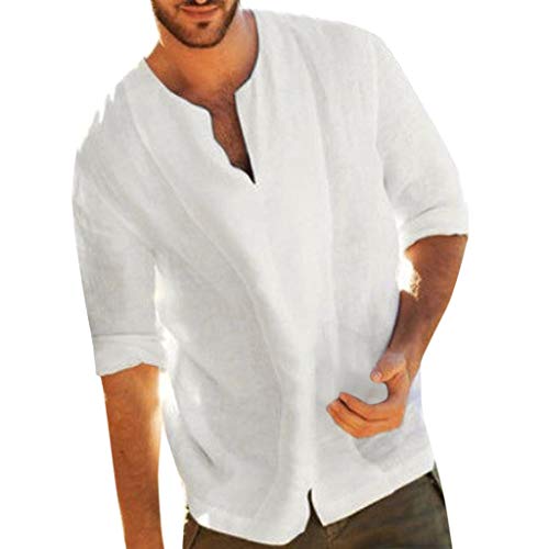 Yowablo T-Shirts Tops Blusen Männer Baggy Cotton Blend Unifarben Dreiviertel-V-Ausschnitt (S,Weiß) von Yowablo