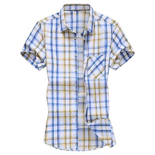 Yowablo Tops Herren FashionSlim Loose Hawaii Kurzarm Plaid Printed Turn-Down Kragen T-Shirt (6XL,11Gelb) von Yowablo