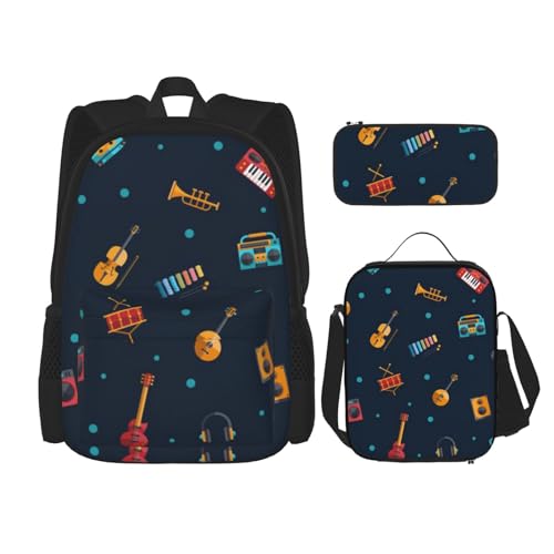 YsoLda Rucksack-Set, Schultasche, Büchertasche, Rucksack, 3-teiliges Set mit Lunchtasche, Federmäppchen,Gitarren-Geigen-Musikinstrument-Muster von YsoLda