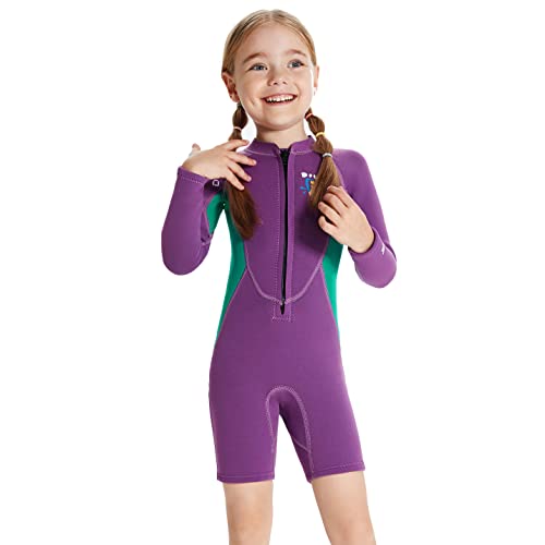 YuanDiann 2.5mm Kinder Neoprenanzug Shorty Jungen Mädchen Langarm Reißverschluss Vorne Badeanzug Thermal Sonnenschutz Neopren Einteilige Kurz Schwimmen Surf Taucheranzug Mädchen Lila XL von YuanDiann