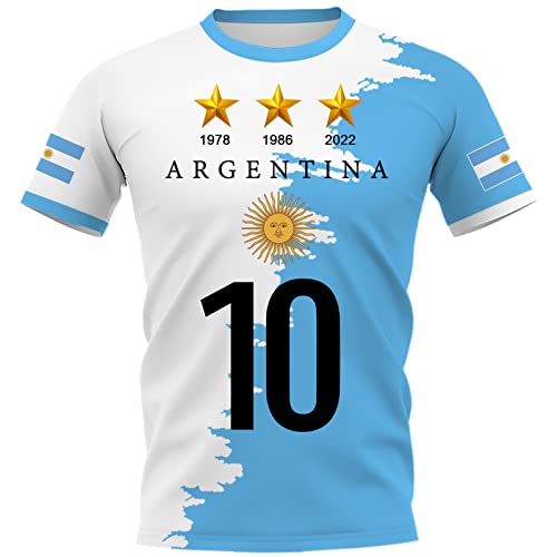 YuanDiann 2022 Fußballweltmeisterschaft Argentinien Gewinnt Gedenk T-Shirts 3-Sterne Flaggendruck Kurzarm Rundhals Fussballtrikot Fanshirt für Herren und Damen 1# L von YuanDiann