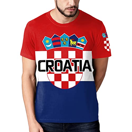 YuanDiann 2022 Katar Fußball Weltmeisterschaft T-Shirt Kurzarm Rundhals 3D Drucken Nationalflagge Fanshirt Sport Casual Atmungsaktiv Trikots Fussballshirts Herren und Damen Kroatien 3# XL von YuanDiann