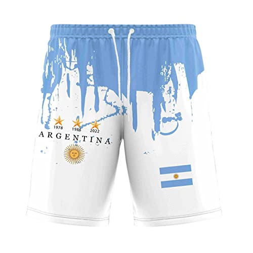 YuanDiann Herren Argentinien Gewinnt Gedenk Shorts 3-Sterne Flaggendruck Sport Freizeit Running 2022 Fußballweltmeisterschaft Atmungsaktiv Fussball Fan Kurz Hose 2# L von YuanDiann