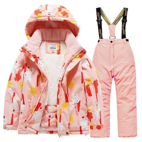 YuanDiann Kinder Skianzug 2-teiliges Set Skijacke + Skihose Verdickte Baumwolle Gepolstert Warm Wasserdicht EIS Schnee Sport Snowboarden, Schneeanzug für Jungen und Mädchen 100–165 cmRosa + Rosa 10 von YuanDiann