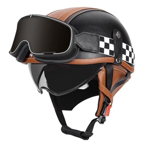 Retro Halbschalenhelm Leder Motorradhelm Jethelm ECEDOT Zertifizierung Brain-Cap Halbschale Roller-Helm Mit Sonnenblende Halbhelme Scooter-Helm Jet-Helm Für Herren Damen 2,XXL:63-64CM von YuanLiang