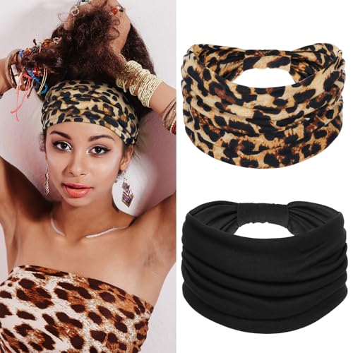 Yuanchu 2 Stück Breite Stirnband für Damen, Elastische Weiche Boho-Haarbänder Leopard Print Haarschmuck rutschfeste Haarreifen Afrika Headband Yoga Stirnbänder Sport Haarband für Frauen Mädchen von Yuanchu