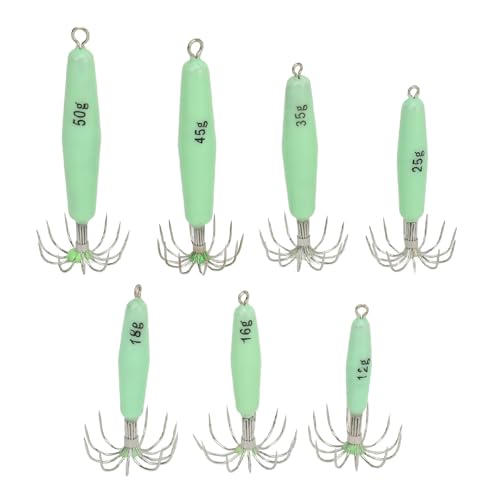 Yuecoom Glow Squid Jig Hooks Kit, 7-teilig, Edelstahlnadeln, Fluoreszierende Angel-Tintenfisch-Jig-Köder, 12 Haken Für Nachtfischen, Frisch von Yuecoom