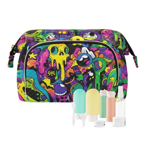 Yuiboo Make-up-Tasche mit Graffiti-Cartoon-Elementen, bunt, leicht, Make-up-Tasche, Aufbewahrungstasche, Münzgeldbörse für Damen, Graffiti-Cartoon-Elemente, farbenfroh, 1 size, Art Deco von Yuiboo