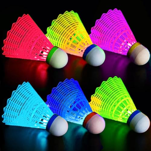 Yuragim Led Badminton Bälle, 6er Set Federball Leuchtend, Led Nylon Sport Badminton Leucht Federbälle für Nacht, LED Badminton Bälle Set Kinder, für sportliche Aktivitäten, drinnen und draußen von Yuragim