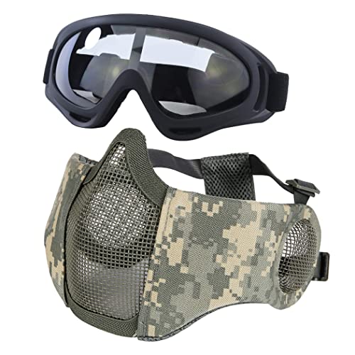 Taktische Airsoft-Maskenbrille Set, Verstellbare Halbgesichtsmaske mit Ohrenschutz, Anti-UV, Airsoft-Gläser, Augenschutz für Airsoft/BB/CS-Spiele /Jagd/Paintball/Shooting(ACU & Schwarz) von Yzpacc