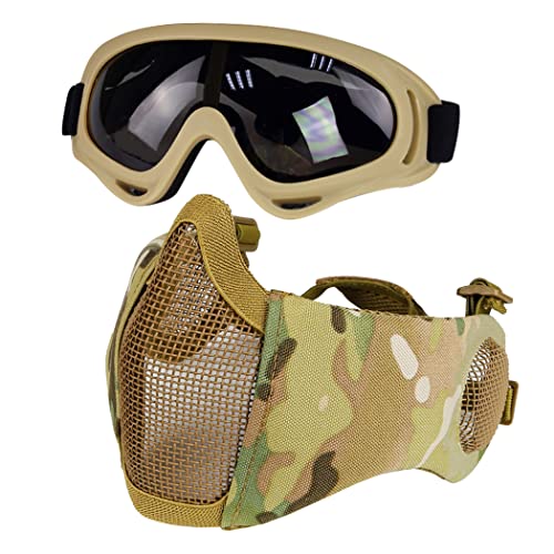 Taktische Airsoft-Maskenbrille Set, Verstellbare Halbgesichtsmaske mit Ohrenschutz, Anti-UV, Airsoft-Gläser, Augenschutz für Airsoft/BB/CS-Spiele/Jagd/Paintball/Shooting(Camouflage 3) von Yzpacc