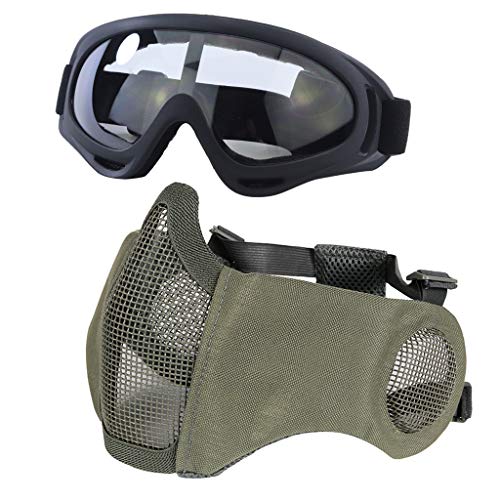 Taktische Airsoft-Maskenbrille Set, Verstellbare Halbgesichtsmaske mit Ohrenschutz, Anti-UV, Airsoft-Gläser, Augenschutz für Airsoft/BB/CS-Spiele/Jagd/Paintball/Shooting (Grün & Schwarz) von Yzpacc