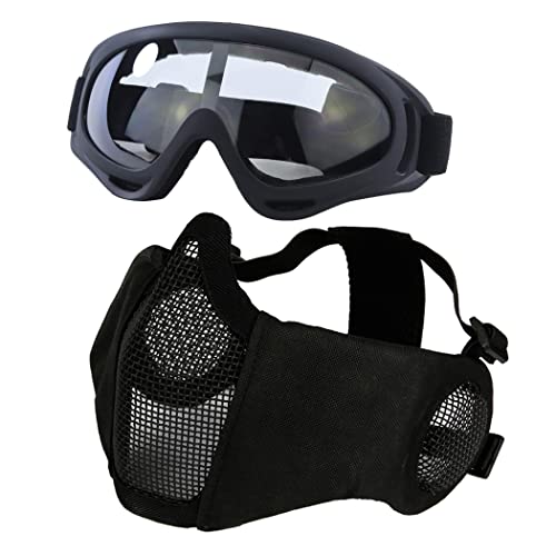 Taktische Airsoft-Maskenbrille Set, Verstellbare Halbgesichtsmaske mit Ohrenschutz, Anti-UV, Airsoft-Gläser, Augenschutz für Airsoft/BB/CS-Spiele /Jagd/Paintball/Shooting von Yzpacc