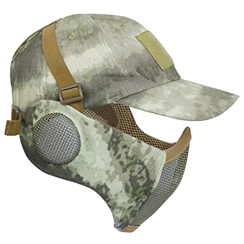 Yzpacc Airsoft Halbgesichtsmaske und Hut Set Stahl Mesh Maske mit Gehörschutz und Baseballkappe Taktische Schutzmaske für CS Game BB Gun Paintball Jagd Schießen von Yzpacc