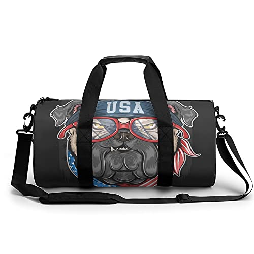 Z&Q Sporttasche 24L Runde Tasche Amerikanischer Cooler Hund Gym Tasche Herren Schwimmtasche Reisetasche Urlaubstasche Klein Fitnesstasche Taschen Turntasche Jungen 45x23x23cm von Z&Q