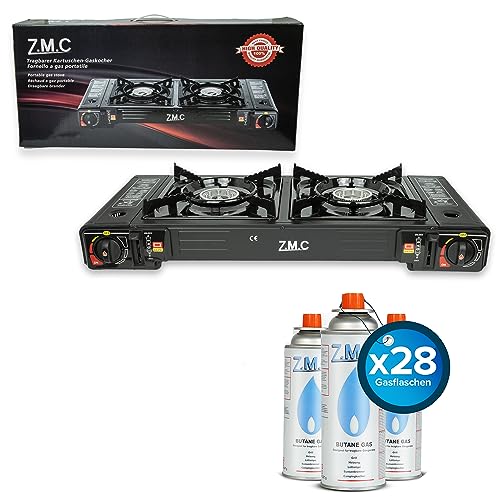 ZMC Camping Gaskocher 2-flammig inkl. Adapter für LPG Anschluss + 28 Gaskartuschen 227g, Campingkocher mit Piezozündung für Outdoor und Innenraum von Z.M.C