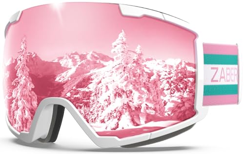 ZABERT Skibrille für Damen Frauen Erwachsene Mädchen Kinder 10 11 12 13 Jahre, Brillenträger Ski Snowboard Brille Schneebrille Snowboardbrille, Weiß Rosa Grün Pink v3 von ZABERT