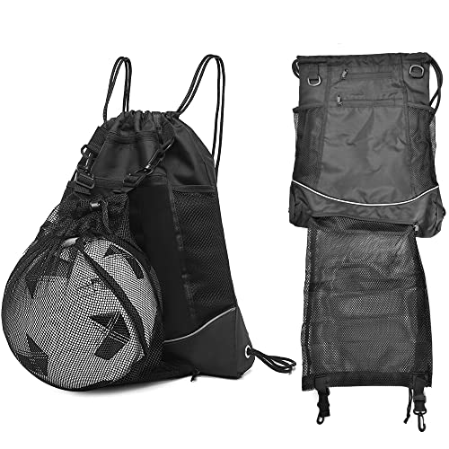 ZACUDA Fußball Rucksack Kordelzug Fußball Taschen Wasserdicht Basketball Netztasche Drawstring Fußballtasche Basketballrucksack mit Reißverschluss Großer Turnbeutel mit Ballnetz für Basketball Fußball von ZACUDA