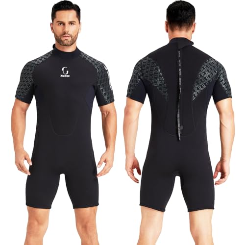Neoprenanzug Damen Rückenreißverschluss Kurze Neoprenanzug Herren 3mm Neopren Kurzarm zum Surfen Schwimmen Kajakfahren Schnorcheln Kanufahren Gerätetauchen (Herren Schwarz, 4XL) von ZCCO