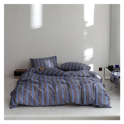 ZCCZJS Bett, graue Blaue Streifen Bettdecke Set Cotton Queen Kingsize von ZCCZJS