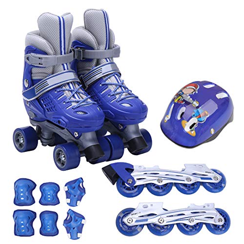 Rollschuhe Kinder mädchen Jungen Verstellbar Inline Skates Quad Roller für 6-12 Jahre Inliner Mit Schutzausrüstung Helm Set,Blue-S(26-30) von ZCRFY
