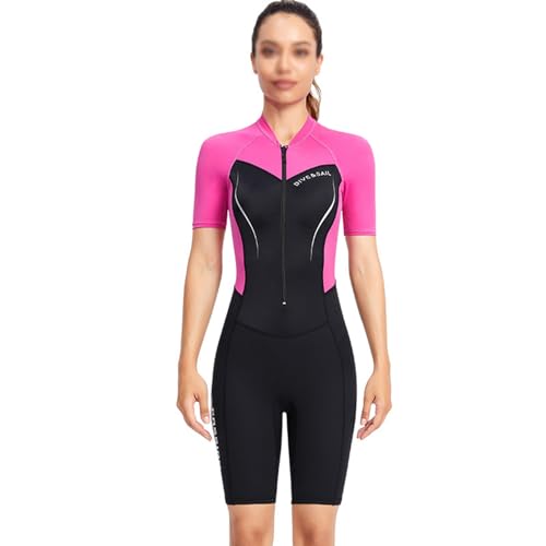 Damen 1.5mm Shorty Neoprenanzug Ganzkörper-Thermo-Badeanzug Für Schnorchelanzug Für Schwimmen Surfen Kanufahren (Color : Pink, Size : XL) von ZDMALT