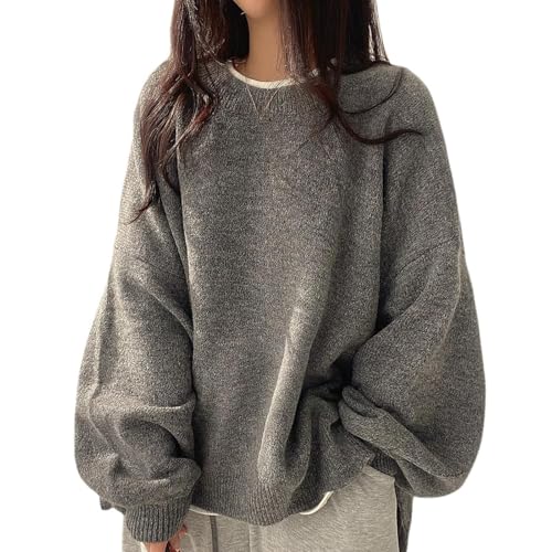 ZDOUXUAN Damenpullover mit einfarbigem Strick und geteiltem Saum, langärmliger Rundhalspullover, lässiger, bequemer Basic-Strickpullover for den Alltag(Grey) von ZDOUXUAN