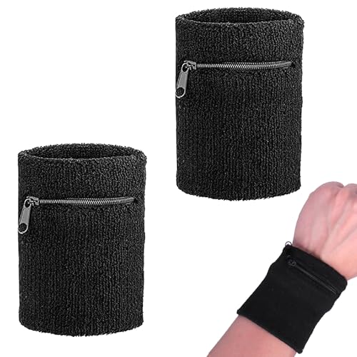 1 Paar Handgelenk Geldbörse mit Reißverschluss, Sweat Absorbierender Handgelenkschlauch, Sweatband Geldbörse, Elastischer Handgelenk Geldbörse für Männer Frauen, für Basketball, Laufsport (Schwarz) von ZEACCT